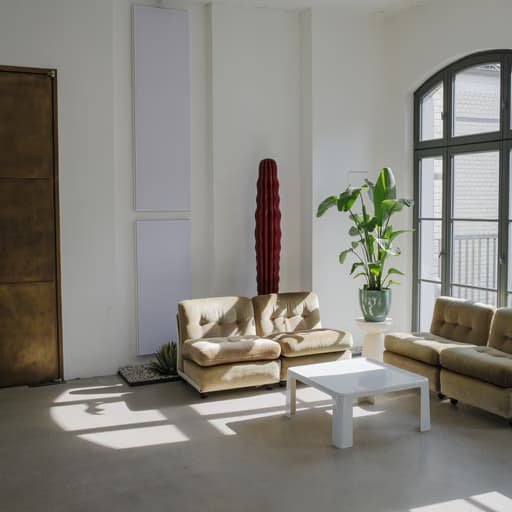 Panel seating with plants and a central column